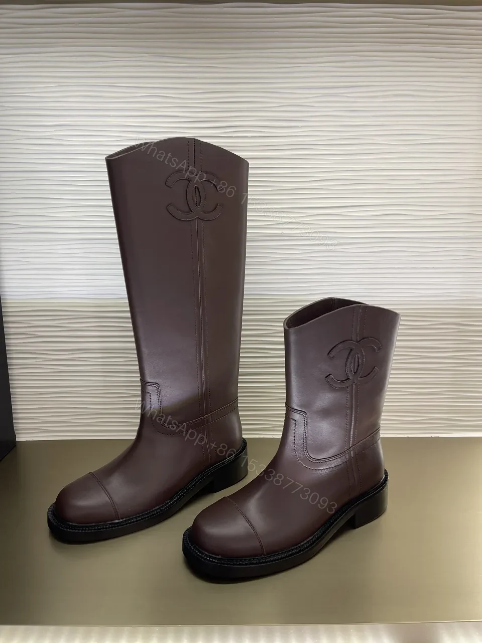 View 7 of Brown Leather Knee-High Boots with Subtle Couture Embellishment