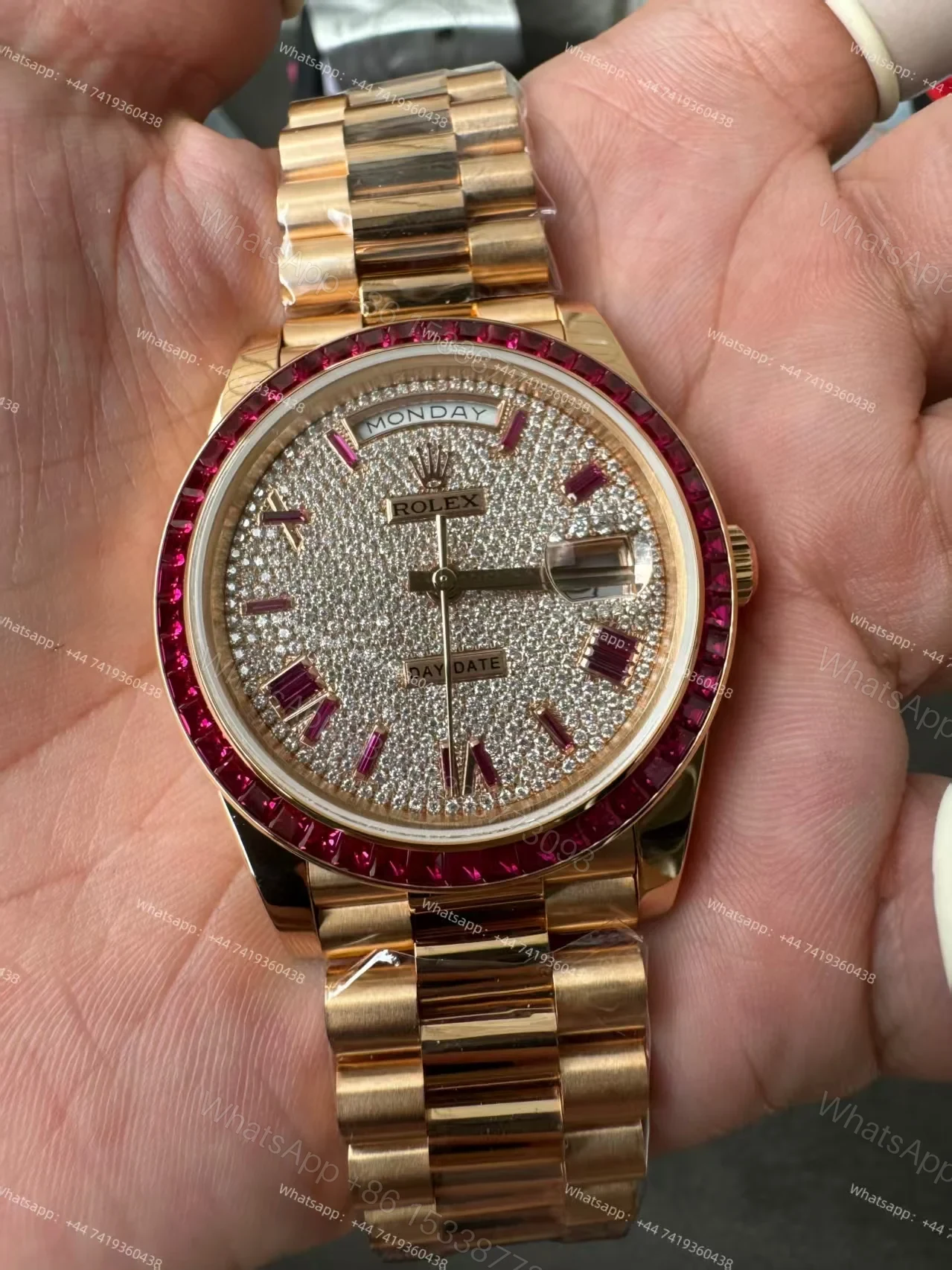 View 6 of Rolex Day-Date 228398TRU 1:1 Custom Edition Ruby & Moissanite Diamond Dial and Bezel 40MM 3255 Movement Super Clone Watch