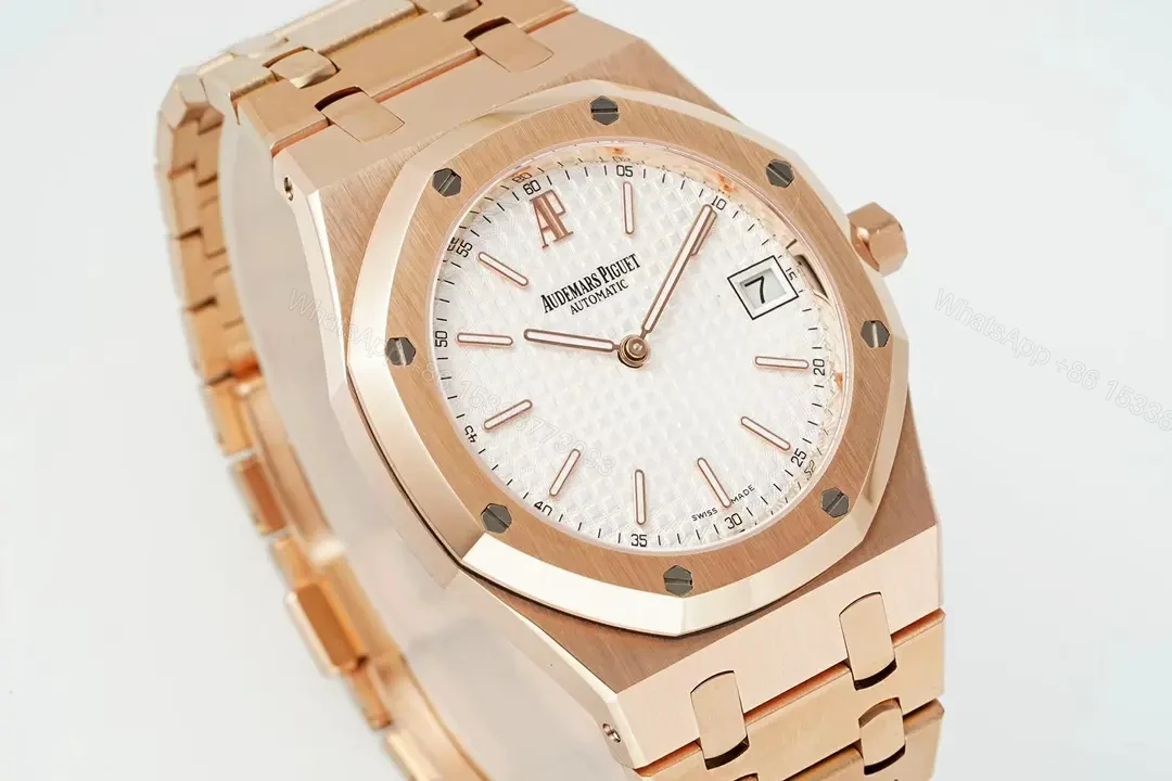 View 2 of KZ Factory Audemars Piguet Royal Oak 15202 Rose Gold Watch with White Dial and Petite Tapisserie Pattern