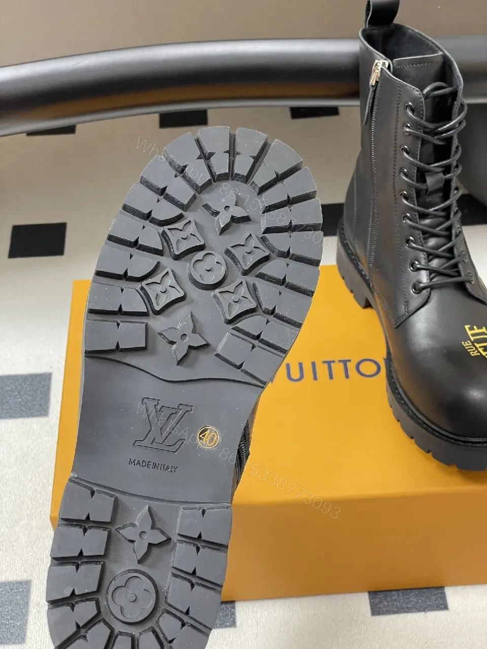 View 2 of Bold Black Combat Boots with Gold Detailing: All-Day Comfort