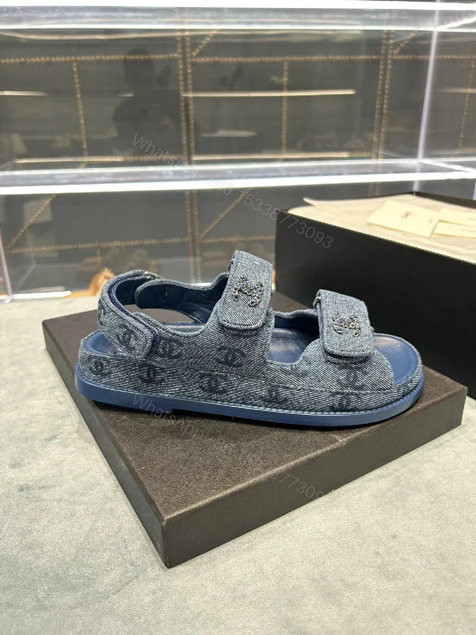 View 3 of Denim-Blue Embellished Sandals: Signature Comfort Shoes