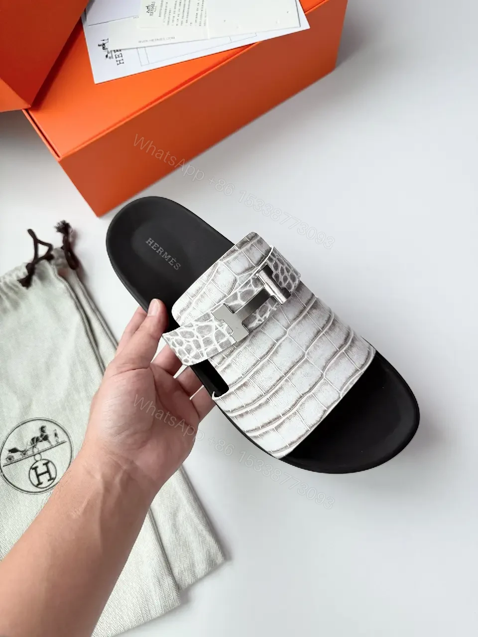 View 11 of White Crocodile-Texture Leather Slides Hermes Style Belt Sandals