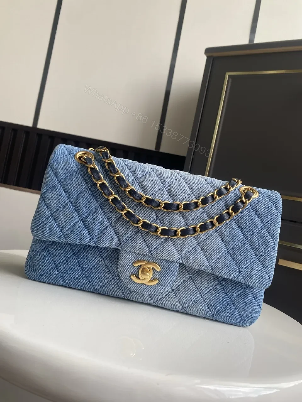 View 4 of Denim Quilted Bag — Gold Chain Flap, Everyday Luxury