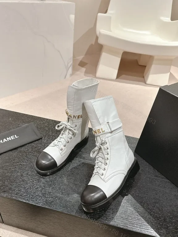 View 3 of Stark Contrast Combat Boots: Chanel-Inspired Luxe Silhouette