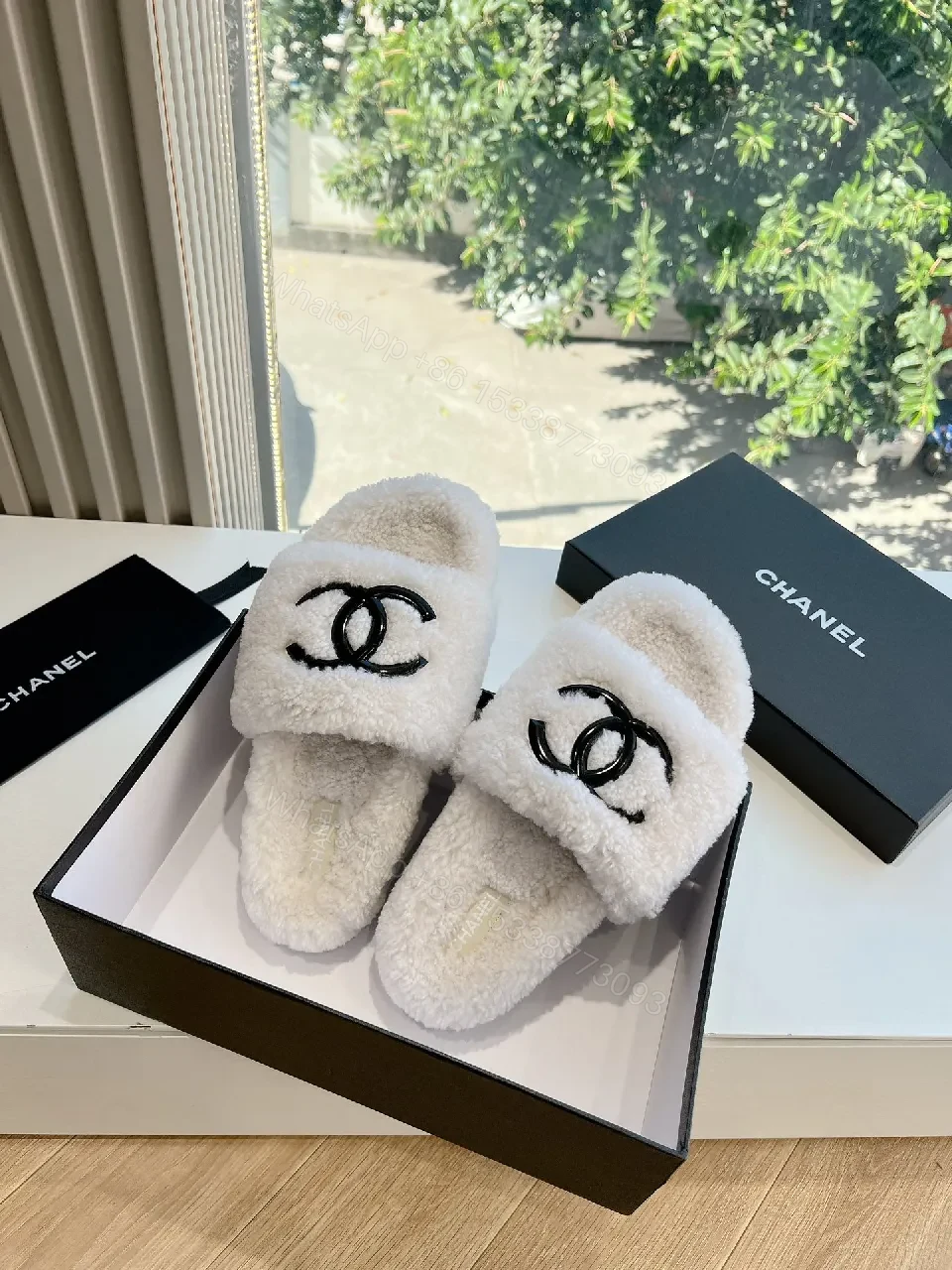 View 9 of White Fuzzy Slides with Logo Detailing, Luxe Comfort Slide