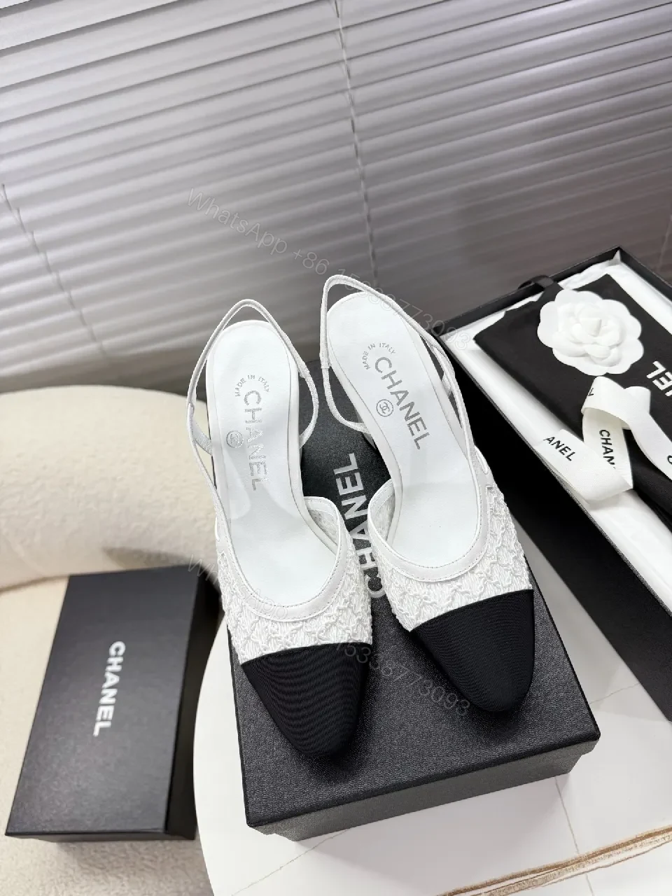 View 5 of Textured Slingback Pumps: Black-Toe, White Fabric, Luxe Comfort