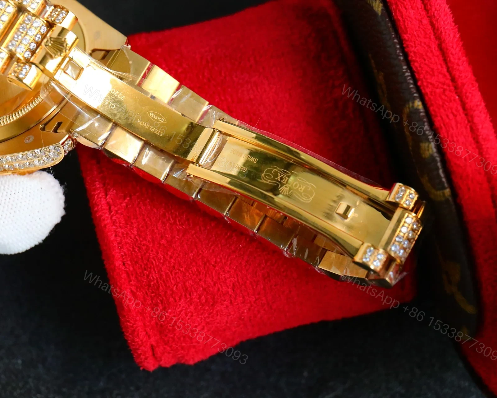 View 8 of Rolex Day-Date Gold Blue Iced Replica 42MM Premium Full Gold Bracelet Blue Dial Edition ROLEX-DD-GOLD-BLU-ICED-FULL-42