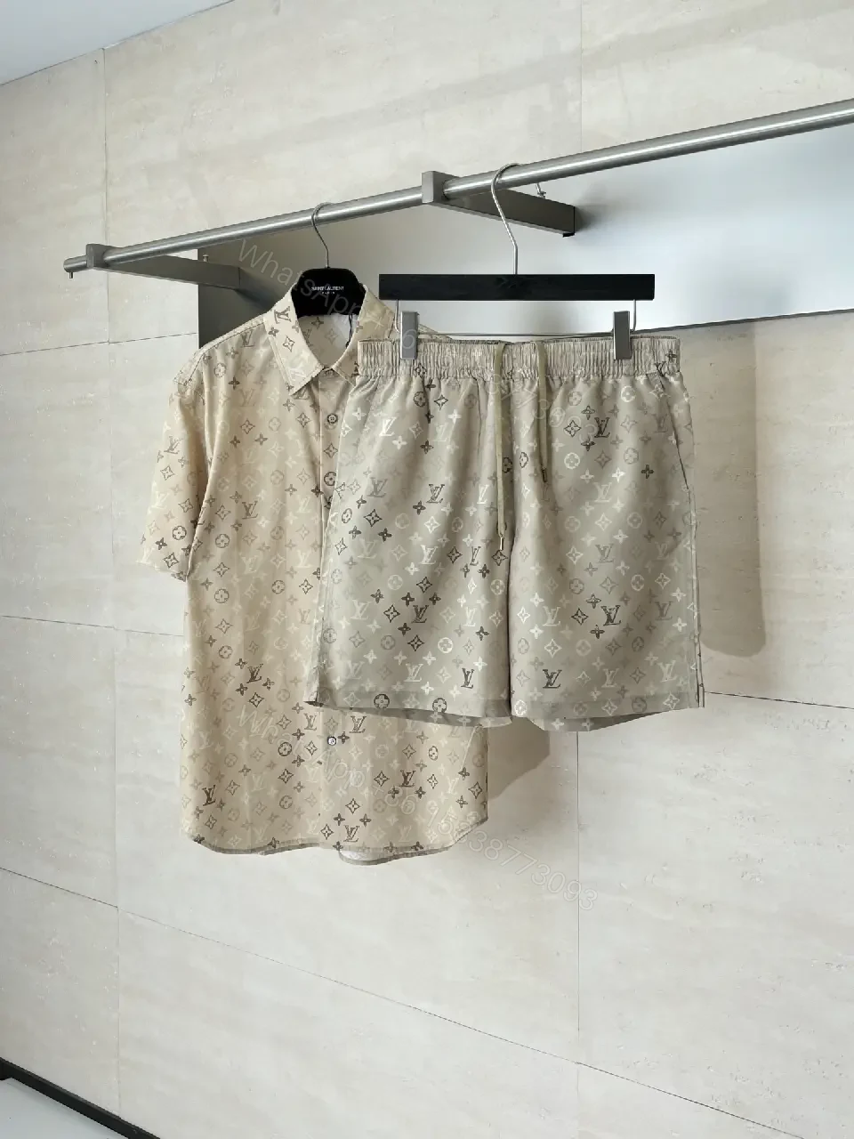 View 6 of Beige LV Monogram Print Linen Shorts Casual Comfort Jogger shorts