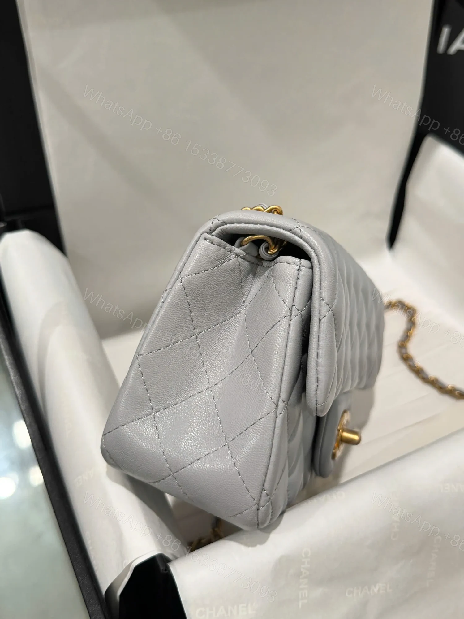 View 3 of Chanel Classic Woman’s Smooth Leather Grey Like Auth Handbags 20cm