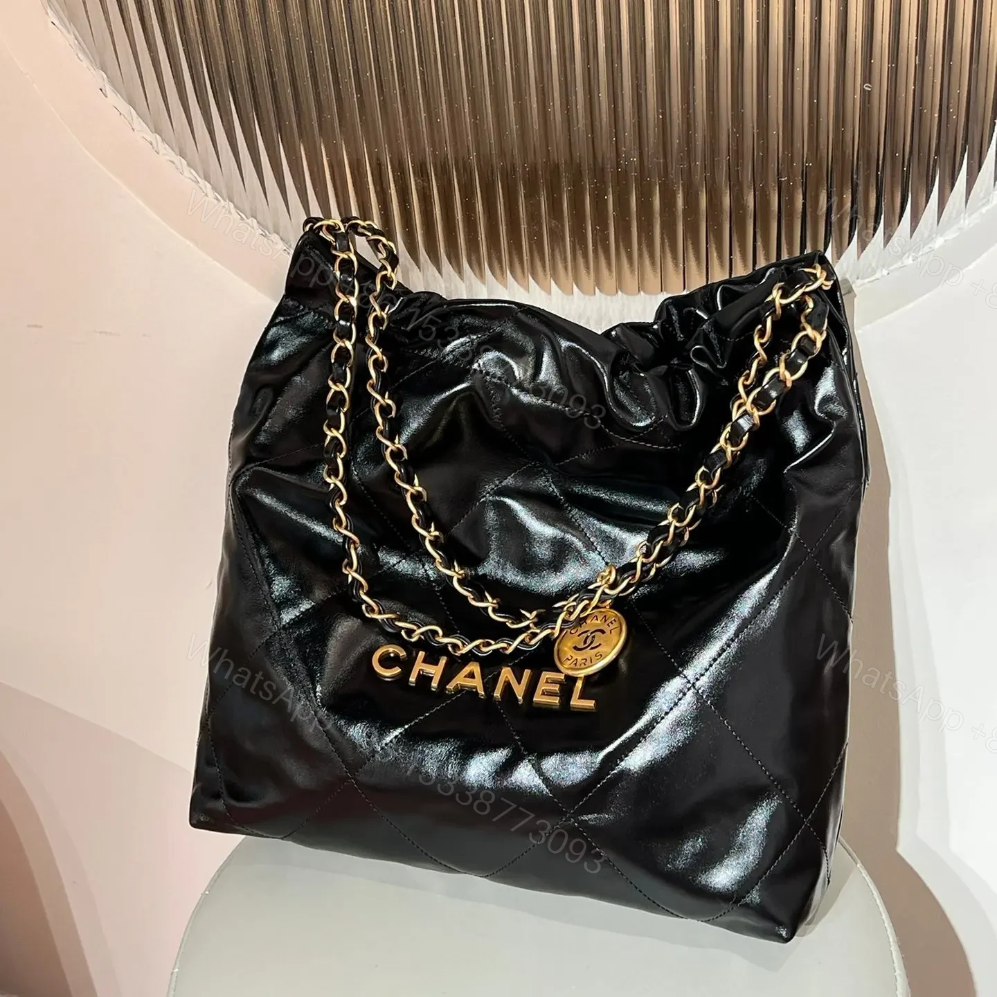 View 3 of CHANEL 22 Bag Small Gold & Black Lambskin Leather
