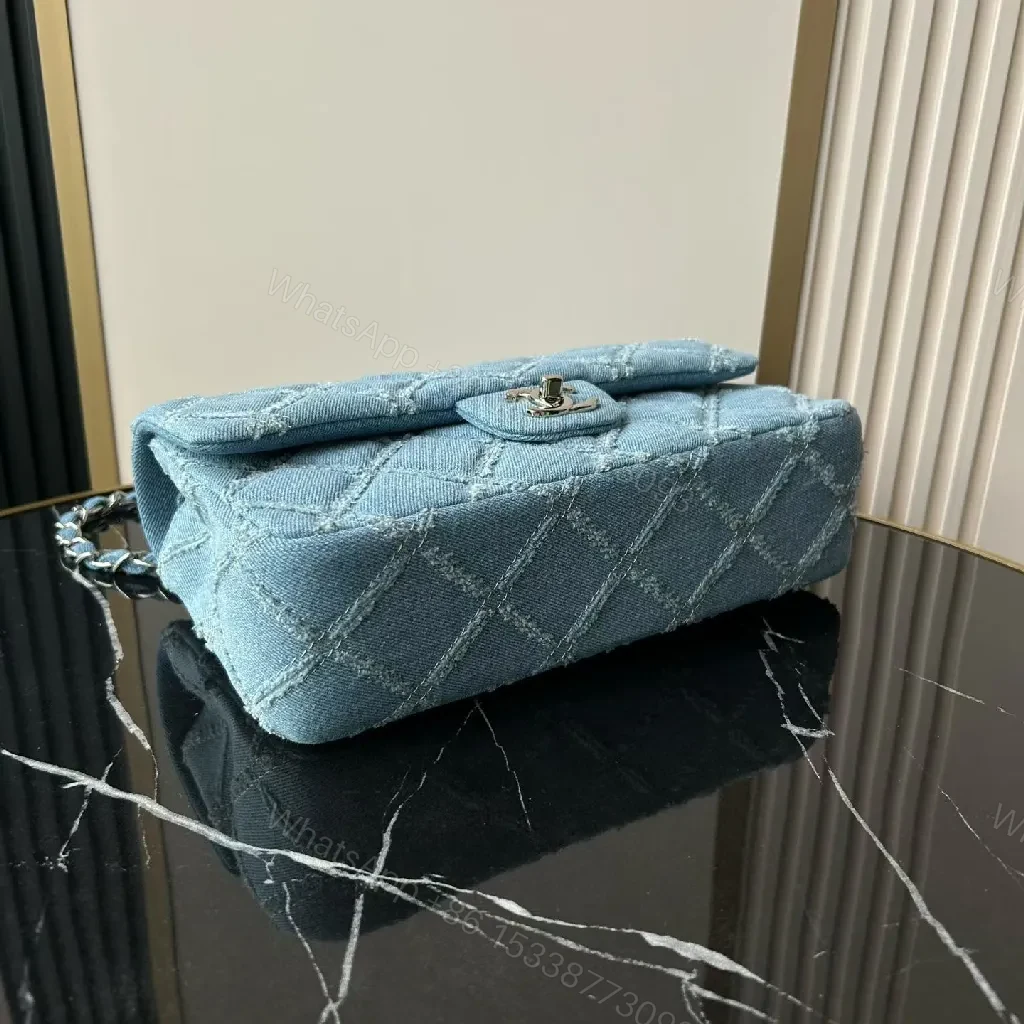 View 9 of Light-Blue Denim Flap Bag with Chain Strap, Quilted, Everyday Luxe