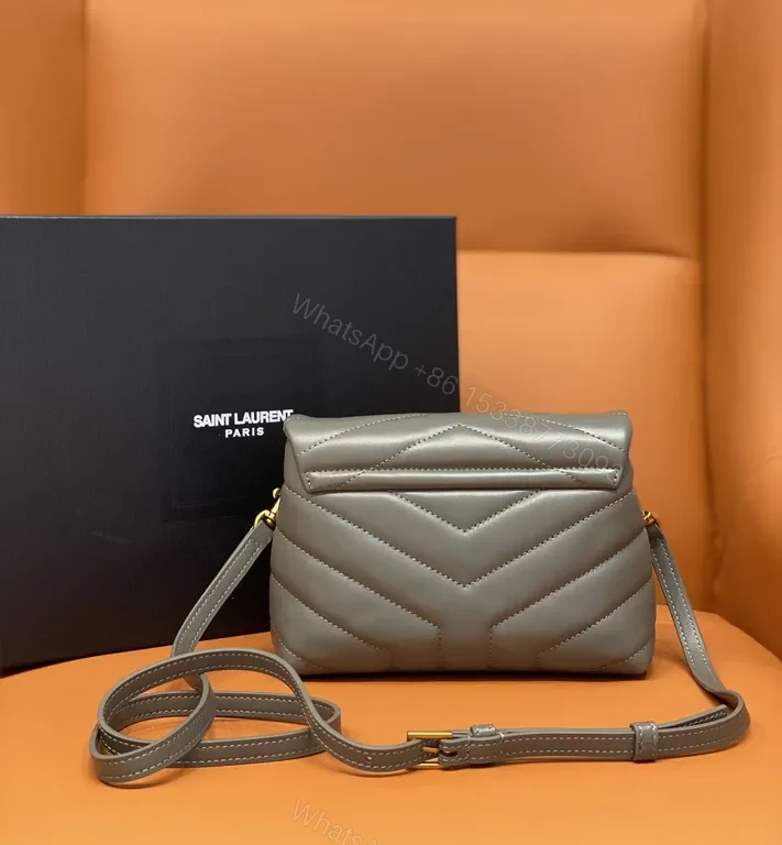 View 2 of Taupe Calfskin Crossbody: Chevron Quilted, Gold Logo, Lux Edit
