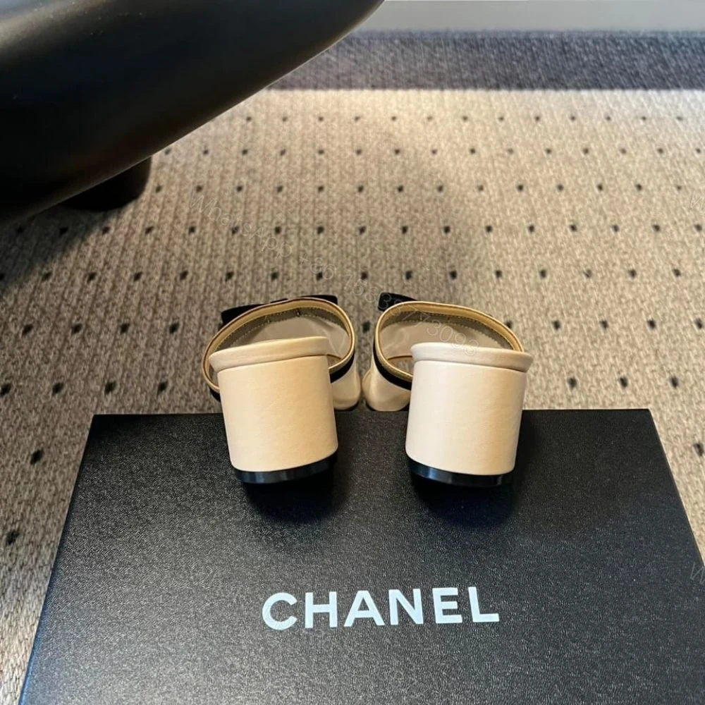 View 8 of Chanel Mesh Bow Block Heel Mules Beige And Black