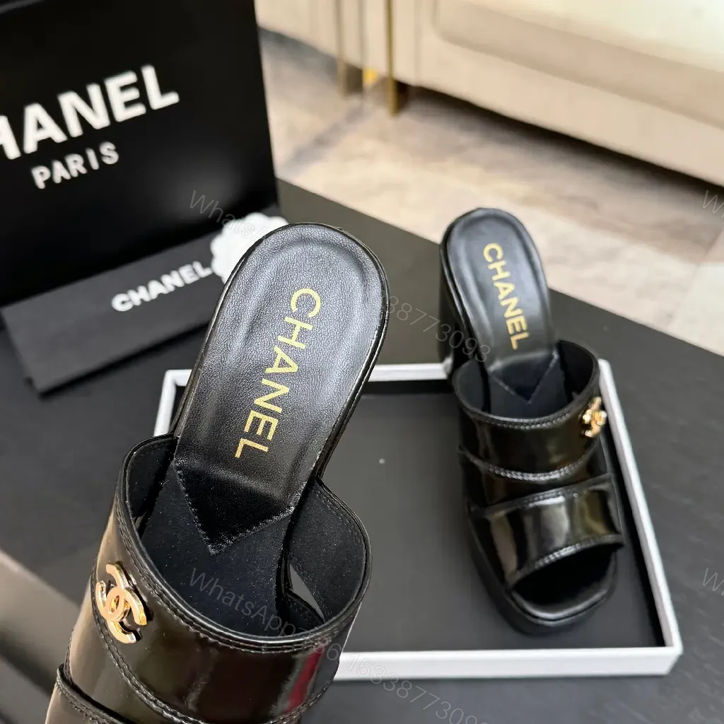 View 4 of Chic Platform Slides: Patent Leather, Gold Logo, Quilted