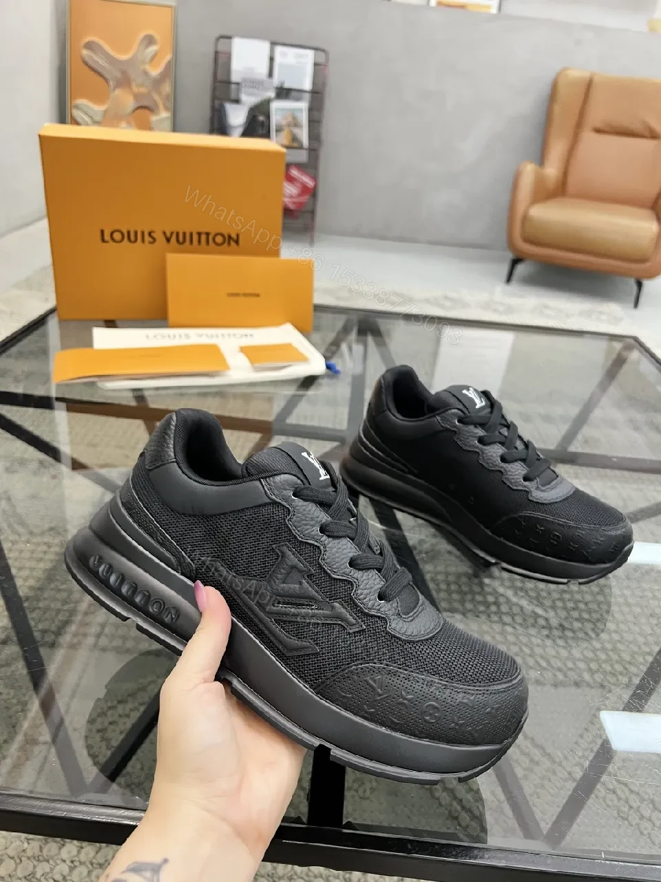 View 9 of Black Leather-Textured Runner with Signature Detailing Sneakers