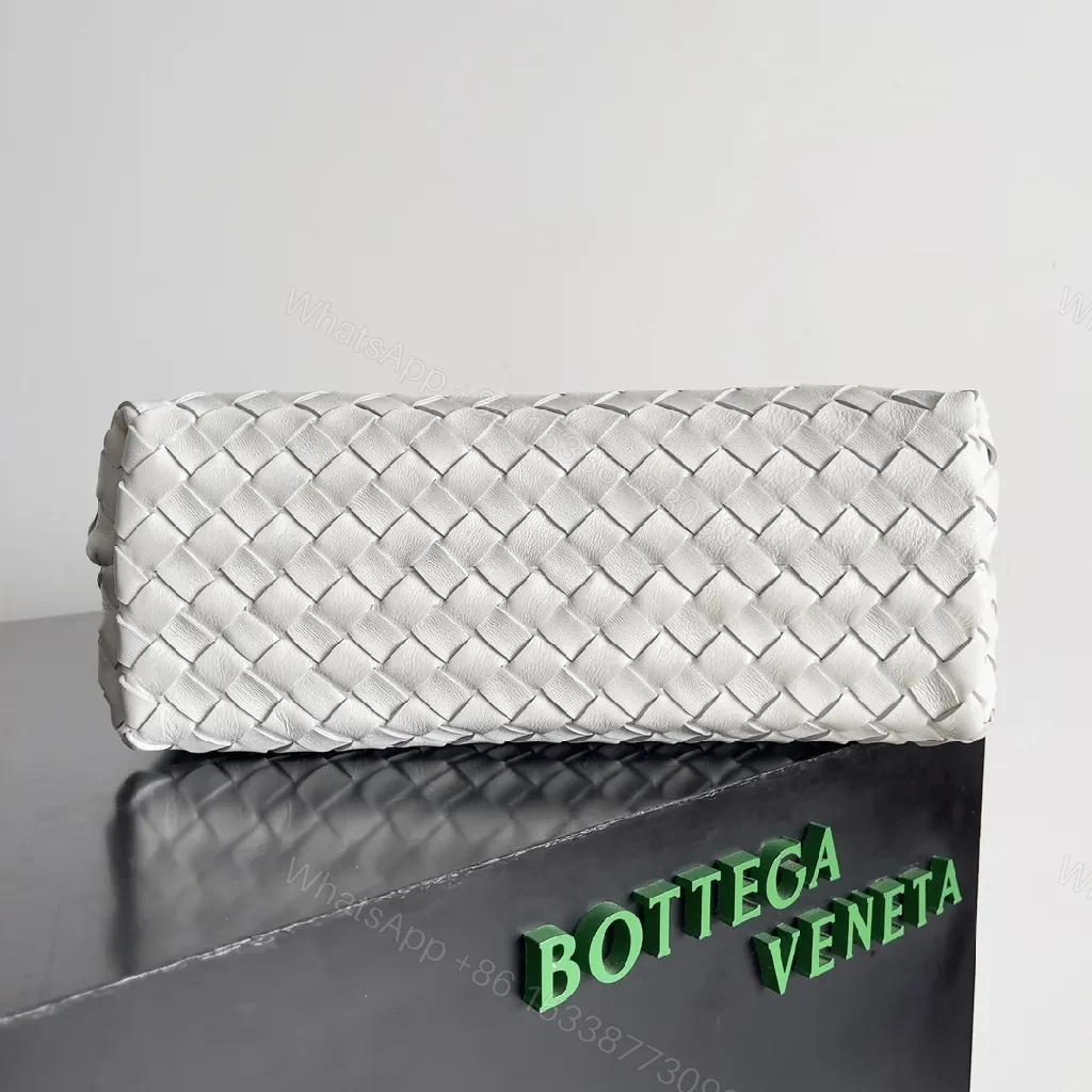 View 5 of White Faux Leather Tote with Gold Chain Accent, Woven Style Bag