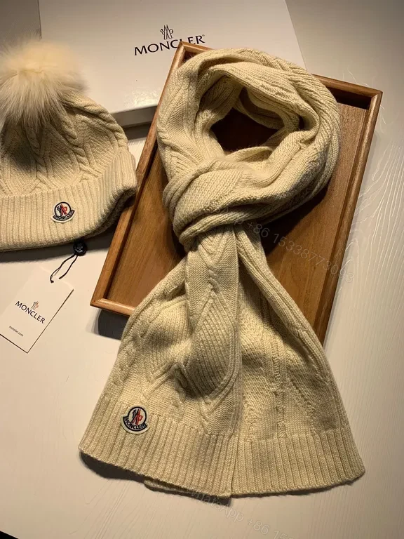 View 5 of Ivory Wool-Blend Moncler Beanie & Scarf Set, Cable Knit
