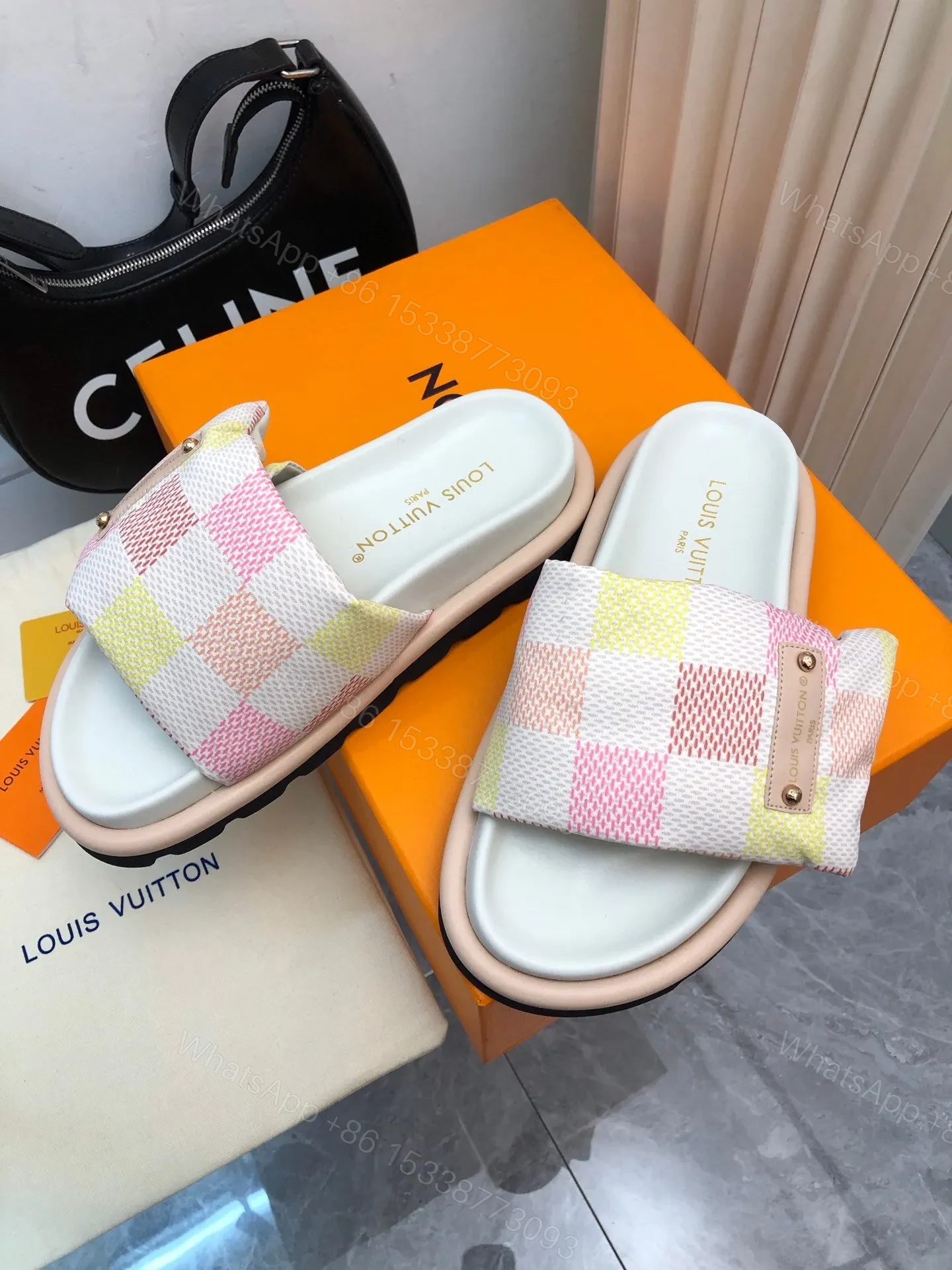 View 6 of LV Women Pastel Checkered Fabric White Slide Sandals
