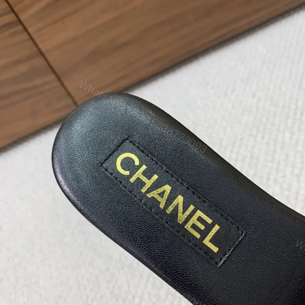 View 4 of Black Leather Slide Gold CHANEL Logo Modern Comfort Fit Sandals
