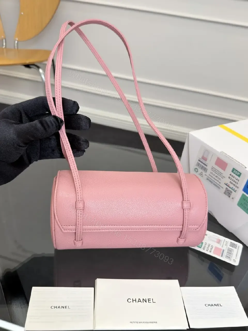 View 2 of Pink Textured Leather Shoulder Bag with Gold Logo Closure (Compact)