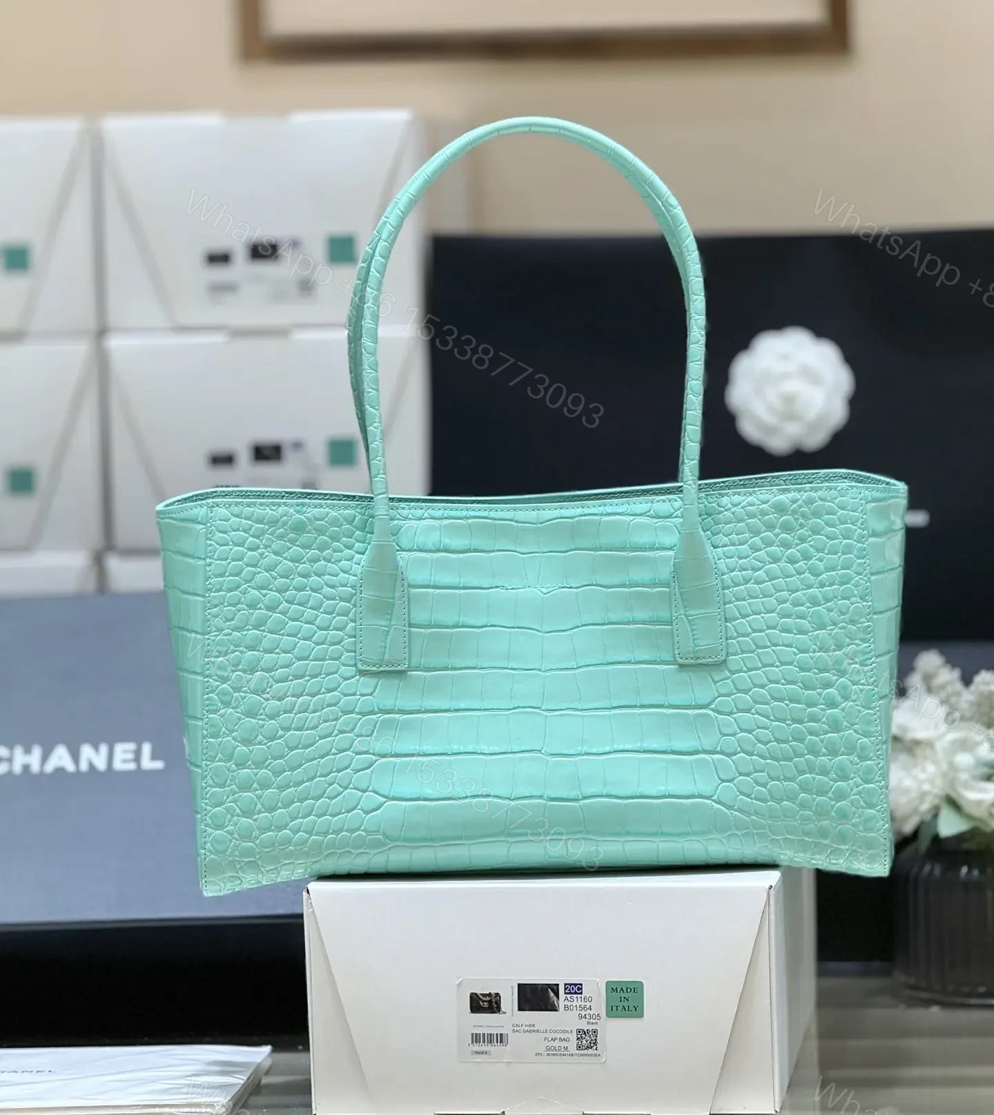 View 3 of Chanel Tote Mint Green Crocodile Embossed Calfskin Gold Hardware SS26 collection