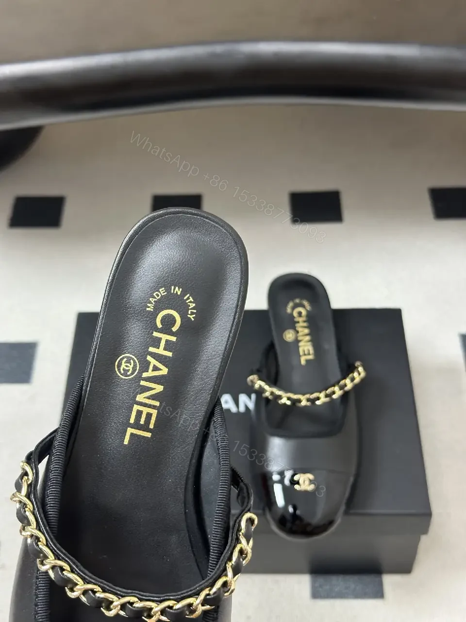 View 2 of Black Leather Flat Mules Chain-Detail Chanel-Style Slippers