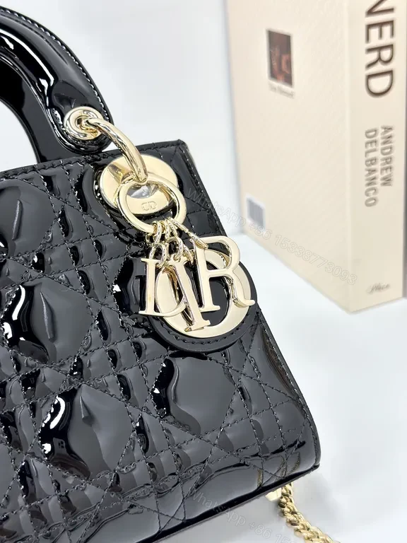 View 8 of Small-Handled Black Patent Bag: Chain Detail & Charms Brand-To-Go