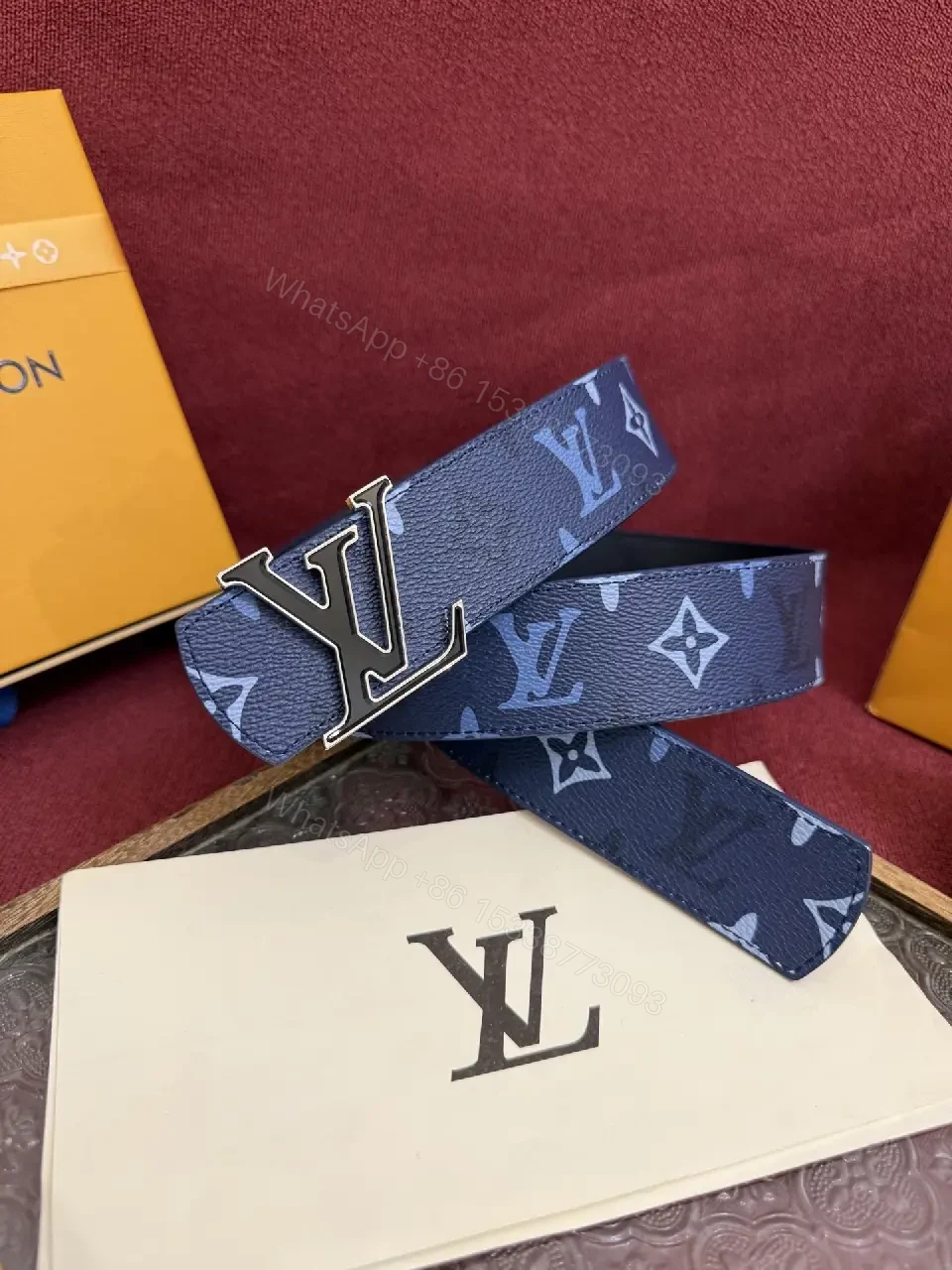 View 7 of Blue Monogram Leather Belt - Modern, Durable, Subtle Statement