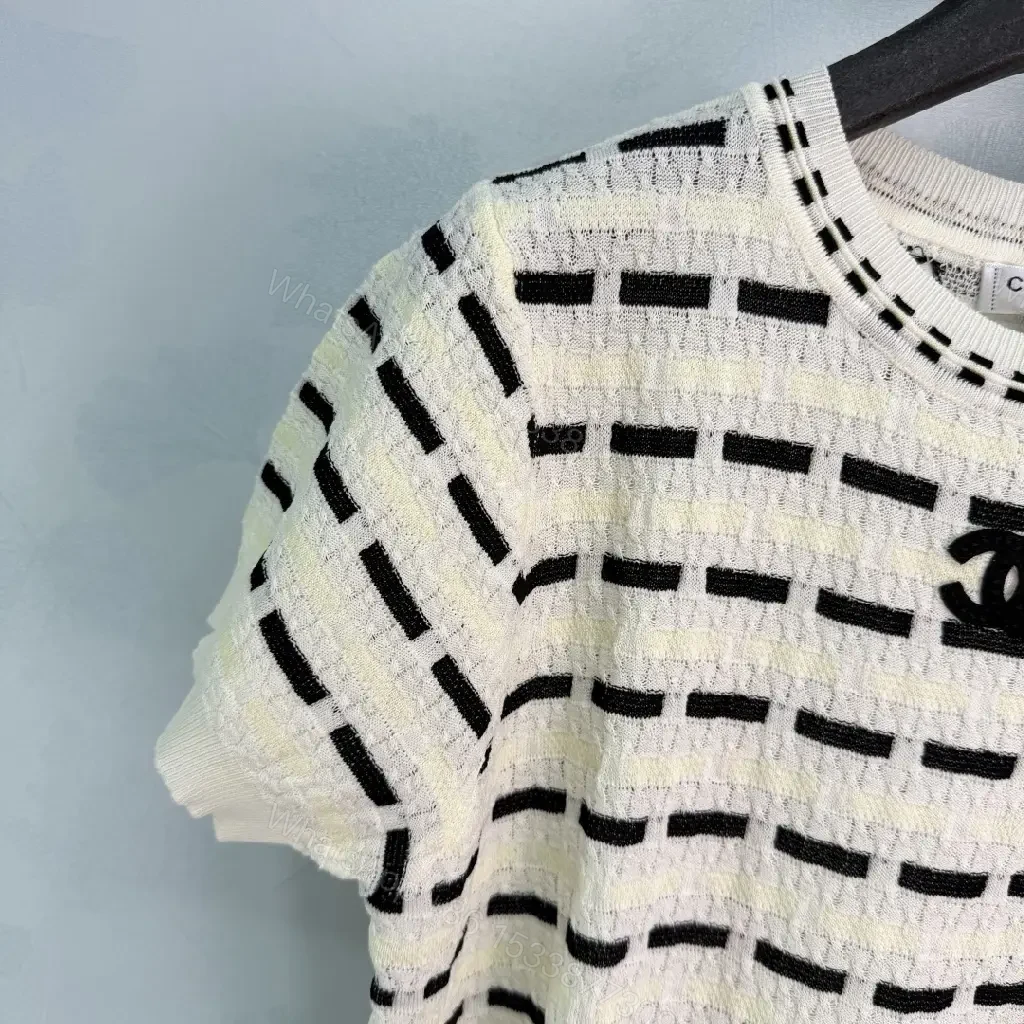 View 4 of White Knit Top Textured Striped Chanel Logo Short Sleeve Top
