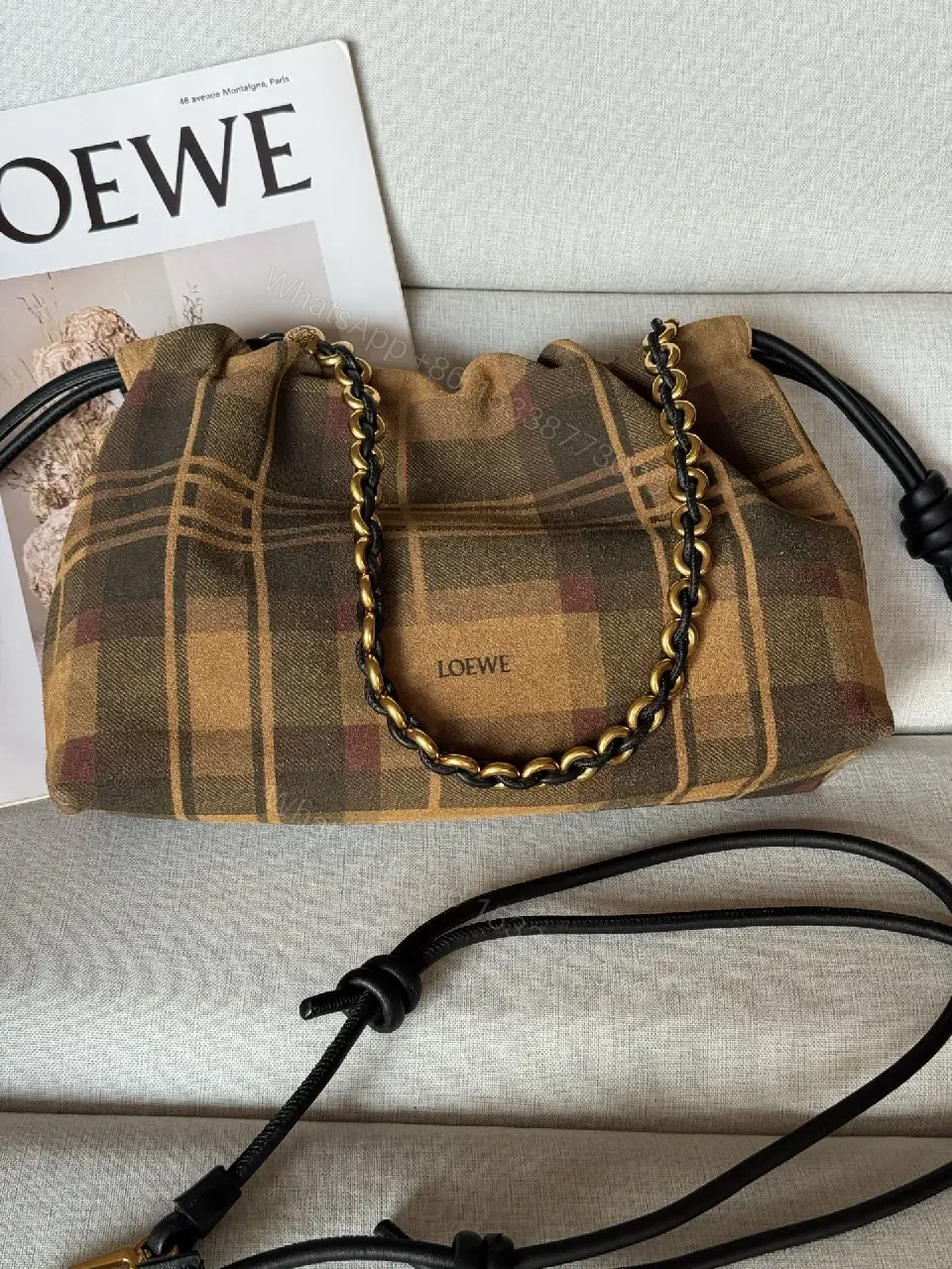 View 2 of Brown Plaid Leather-Trim Shoulder Bag with Chain Detail