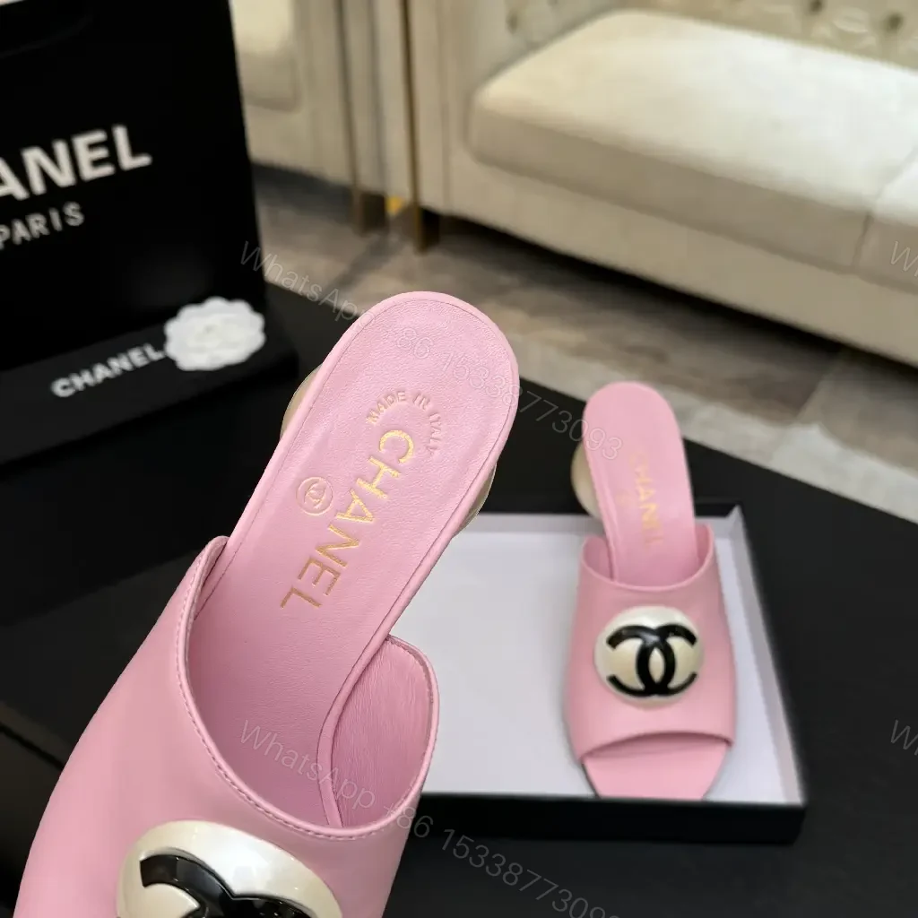 View 5 of Pastel Pink Leather Slides with Double-Circle Hardware, Open-Toe Comfort