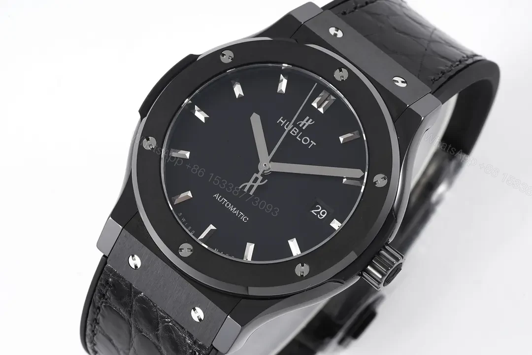 View 3 of Hublot Classic Fusion Black Ceramic Automatic Watch with H-Shaped Titanium Screws and Crocodile Leather Strap