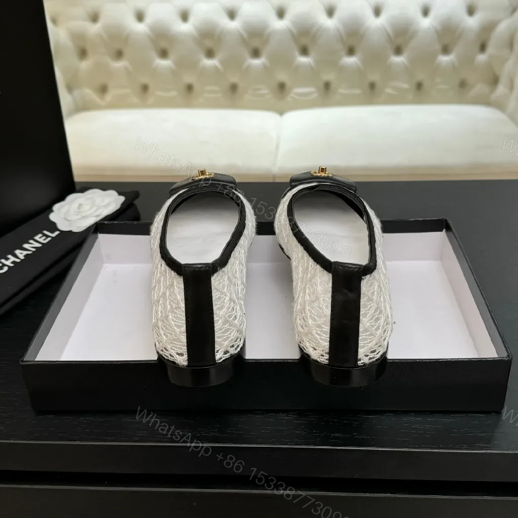 View 6 of Ivory Lace-Trim Black Leather Cap-Toe Ballet Flats with Gold Hardware