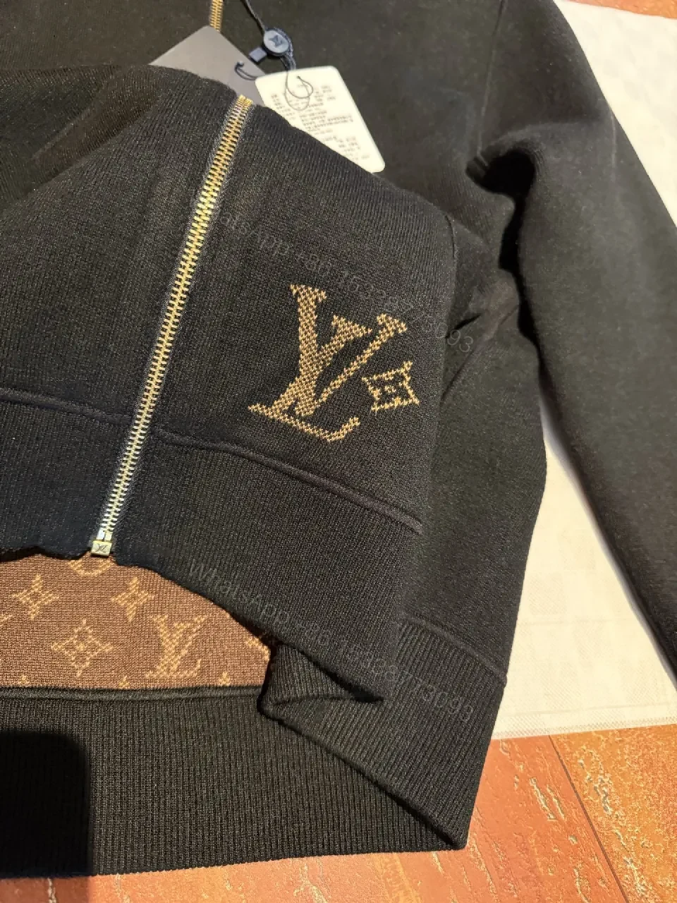 View 4 of Black Zip Hoodie: Monogram Detail, Premium Cotton Blend, Versatile Luxury