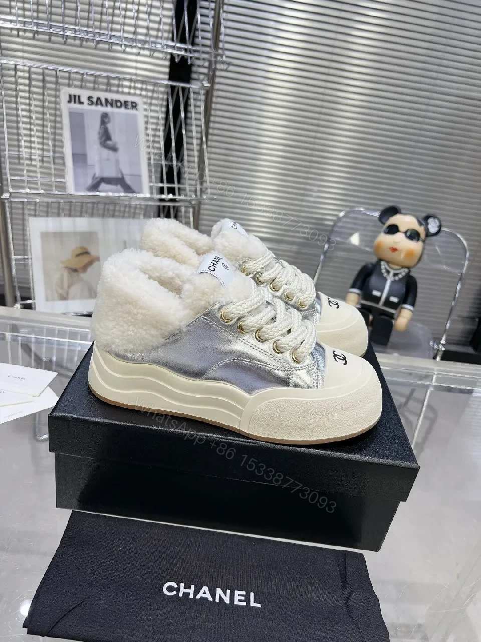 View 2 of White Wool-Trimmed Metallic-Panel Luxe Sneakers