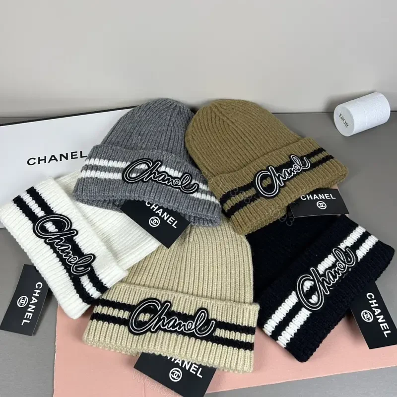 Tan Knit Beanie Ribbed Knit Folded Cuff CHANEL Logo Embroidery Beanie — view 1