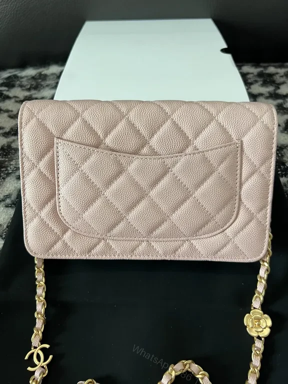 View 8 of Chic Quilted Blush Pebbled Leather Bag with Gold Logo - Shoulder Style