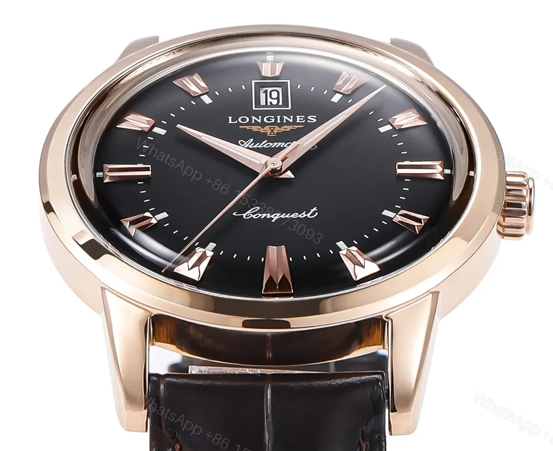 View 2 of Longines Conquest Classic Re Edition Cyclops Watch Rose Gold with Black Dial and Brown Leather Strap