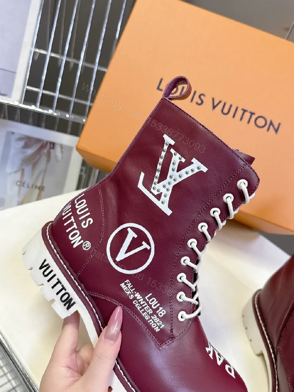 View 4 of Bold Burgundy Combat Boots with Contrast Stitching and Zipper