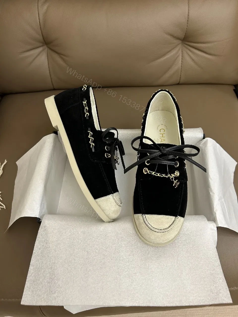 View 4 of Black Suede Sneakers with Gold Chain Detailing — Luxe High-Tops