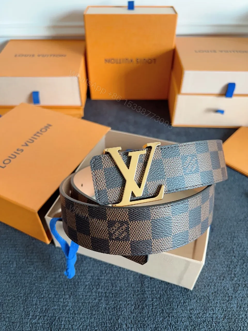 Damier Pattern Belt: Gold Buckle, Adjustable, Luxury-Style Accessory — view 1