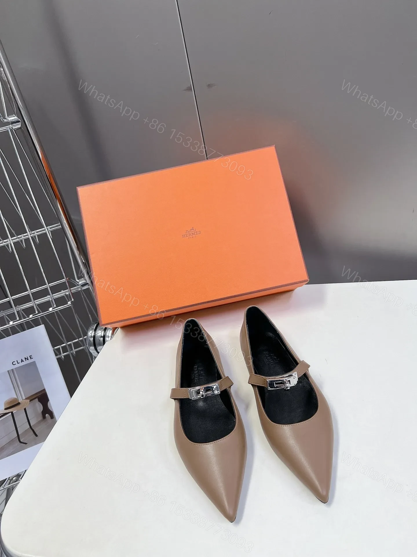 Hermes Women Beige Leather Pointed Strap Flats — view 1