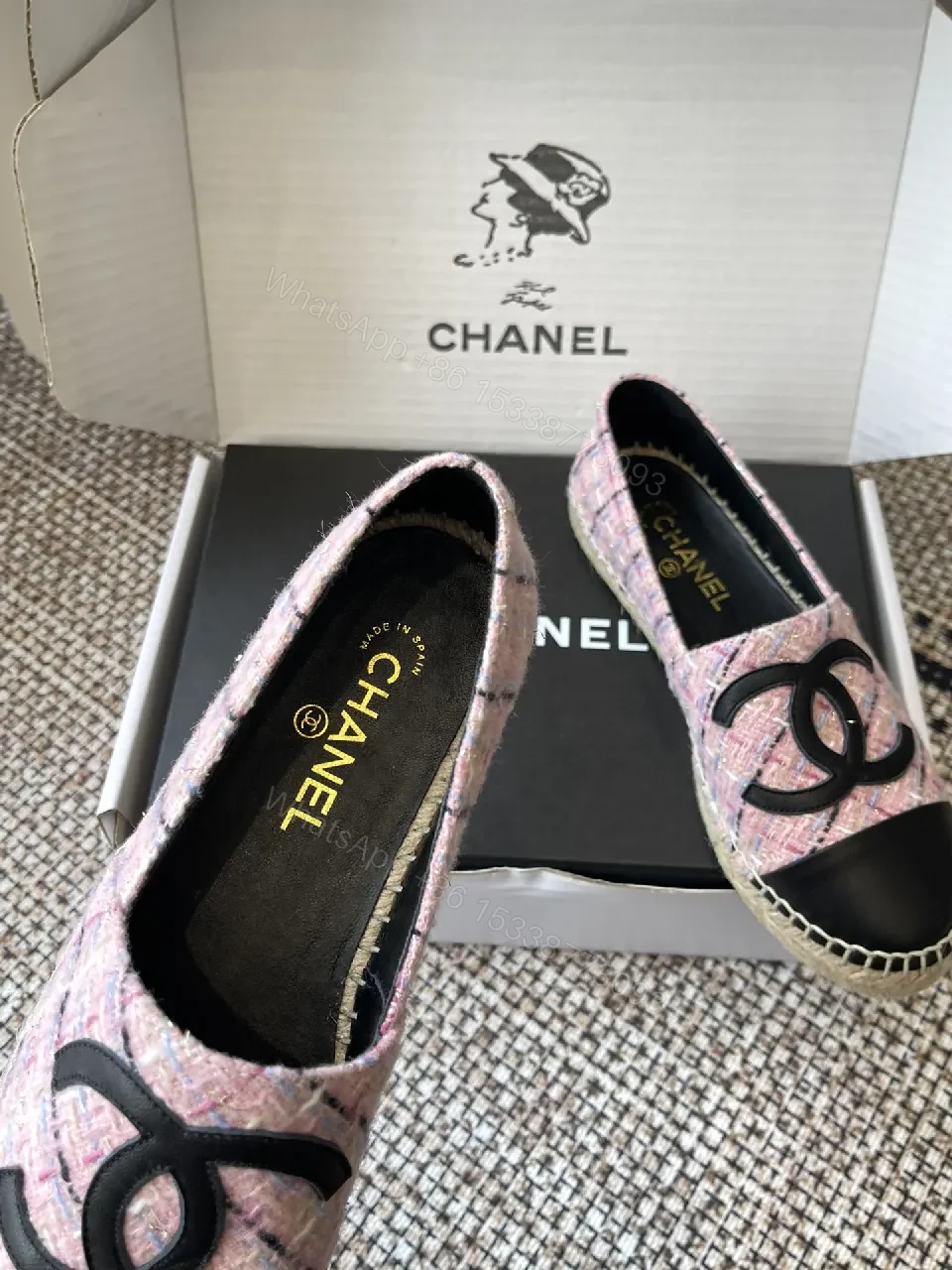 View 7 of Pink Tweed Espadrilles – Black Toe, Logo Detail, Slip-On Comfort