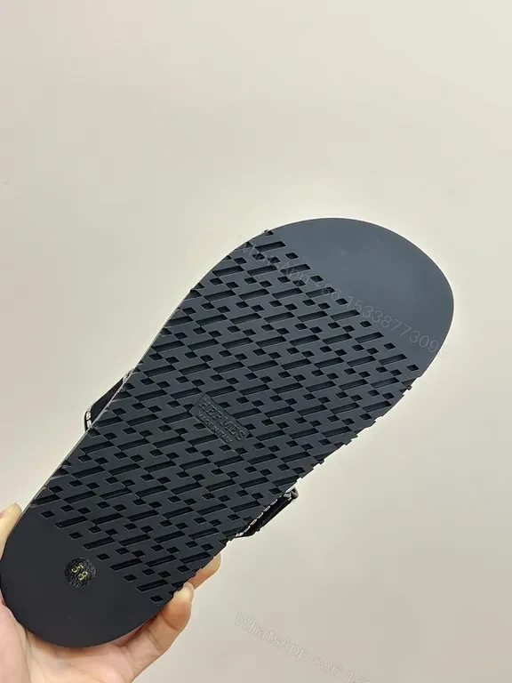 View 3 of Hermes-Inspired Black Slides with Geometric Stitch Detailing