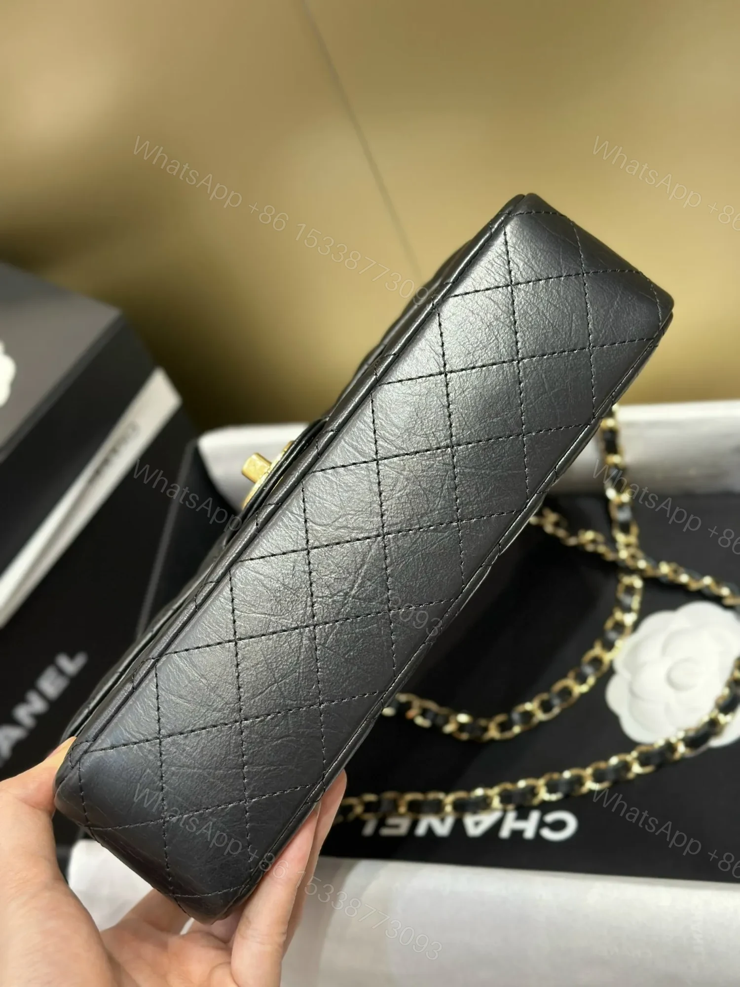 View 3 of Chanel Classic Lock Gold With Black Wrinkled Skin Like Auth Handbags 25cm