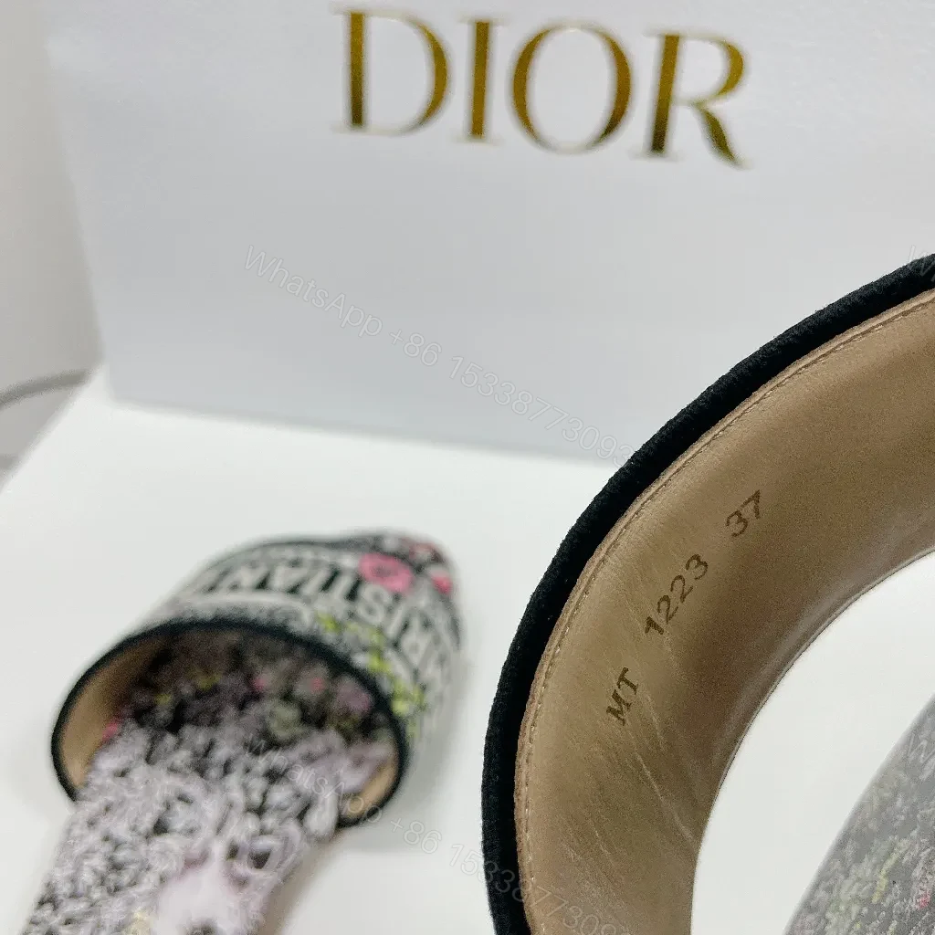 View 6 of Floral-Print Slides in Black with Signature Dior Strap