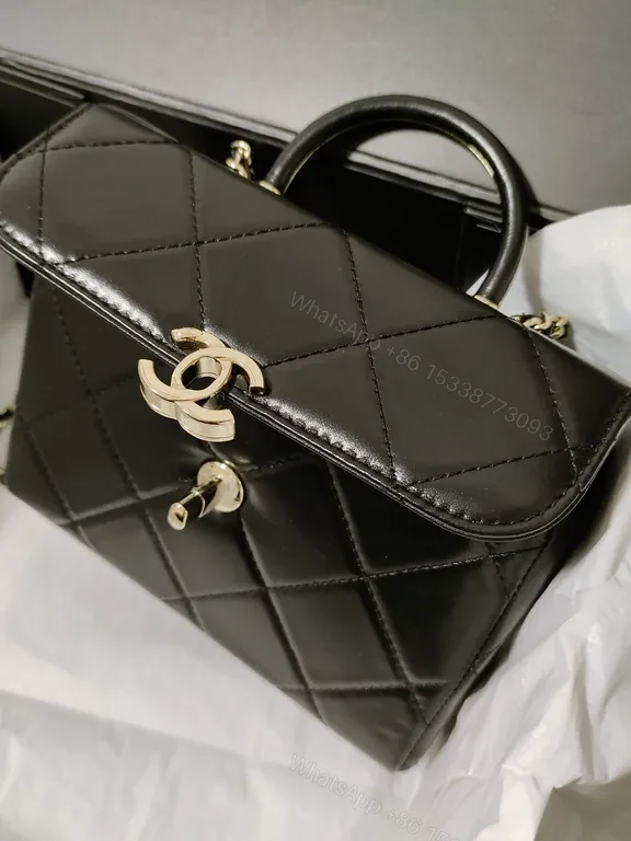 View 2 of Chic Quilted Black Leather Handbag, Gold Chain, Compact