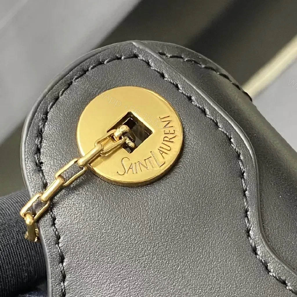 View 7 of Black Leather Shoulder Bag with Gold Chain Strap