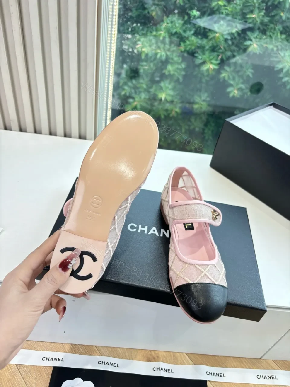 View 7 of Pink Quilted Mary-Jane Flats with Black Cap Toe