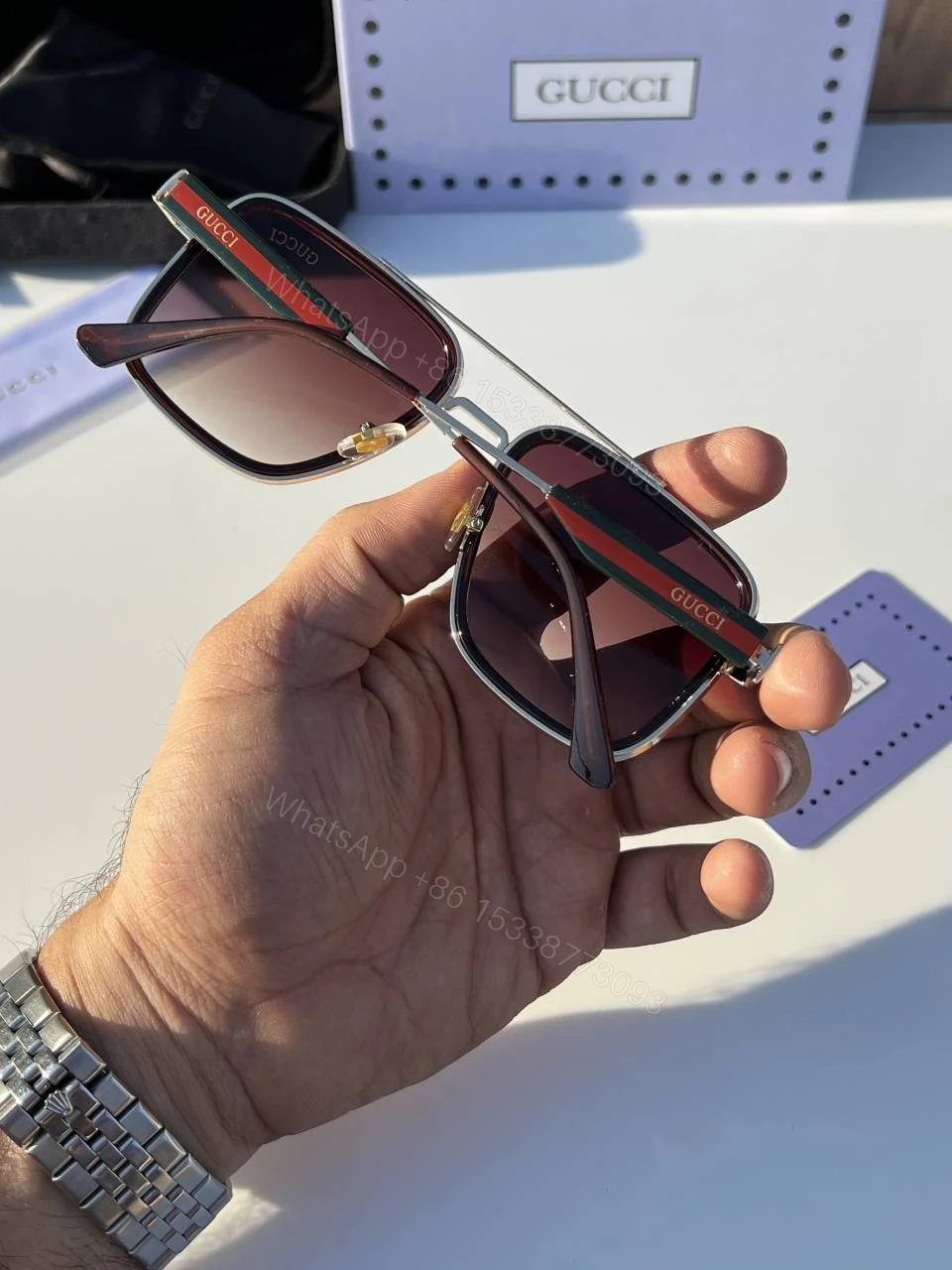 View 4 of First Copy Gucci Navigator Sunglasses Silver Frame Gradient Brown Lens